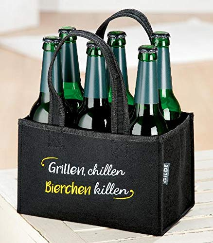 Gilde Flaschentasche mit Stick Grillen, chillen, Bierchen Killen in Schwarz für 6 Flaschen, 49924