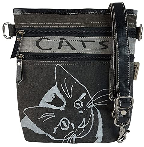 Sunsa Damen Tasche mit Katzenmotiv. Vintage Umhängetasche aus Canvas & Leder. Schultertasche für Katzenliebhaber. Crossover bag als Geschenkideen für Frauen | Schultertasche mit verstellbaren Schultergurt. Katzenliebhaber Damen Crossbody bag mit viel Fächer für Alltag & Freizeit