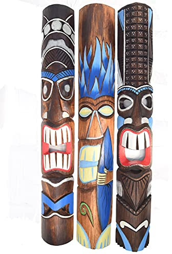 Interlifestyle 3 Tiki väggmasker 100 cm i Hawaii-stil med tribal motiv uppsättning av 3 trämask väggmask Tiki