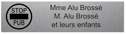 Plaque gravée pour nom boîte aux lettres STOP PUB autocollante 10x2,5cm personnalisée 1 à 3 lignes Alu Brossé
