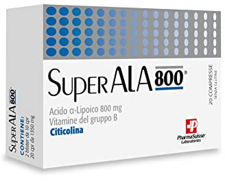 P PharmaSuisse Laboratories SuperAla 800® Integratore Alimentare per il Benessere e normale funzione dei Nervi- a base di Acido Alfa-lipoico, Citicolina, Vitamine gruppo B - 20 compresse
