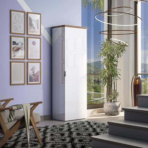 Dmora - 1-Tür MehrzweckschrankTunisi, Multifunktionale Möbel, Schuhschrank, Besenschrank, Made in Italy, 60x40h190 cm, Glänzendes Weiß und Eiche