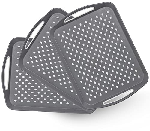 3 Pack Large Non-Slip Plastic Serving Tray with Handles, Anti Slip Rectangular Food Tray for Eating Dinner Drinks (Grey)
