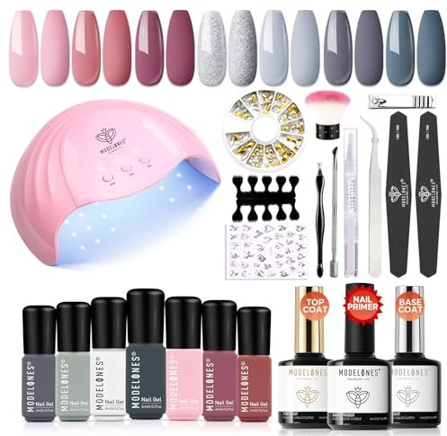 Modelones UV Nagellack Set mit UV Lampe 48W, 7 Farben Gel Nagellack UV Set Gelnägel Starterset Grau Rosa Silber Hellviolett Starterset mit Base Top Coat und Bonding Primer 22PCS