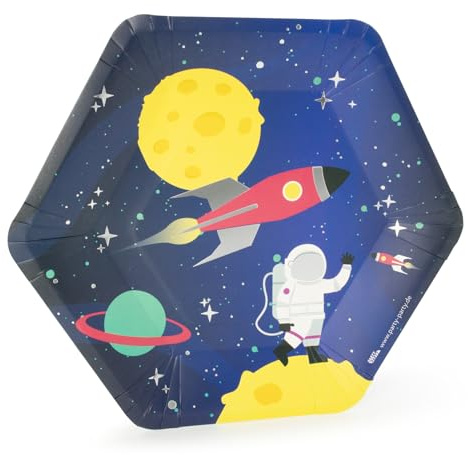 PARTY PARTY 16 Stück Pappteller Motiv Weltall, Space, hexagonal 23 x 25,5 cm, für Kindergeburtstag, Geburtstag, Party