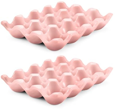 Flexzion 12 Cups Ceramic Egg Holder - Whole Dozen Porcelain Egg Tray Container Keeper Storage Organizer Decorative Serving Stand Serveware for Refrigerator Fridge Countertop Display 2 Pack (Pink)