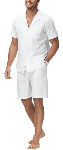 YAOHUOLE Conjunto de camisa y pantalones cortos de algodón y lino para hombre, conjunto de 2 piezas, ropa casual de verano, vacaciones, playa, trajes de boda, blanco, M