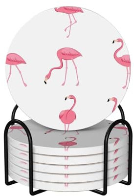 Getränkeuntersetzer mit Halter Flamingos auf weißem bedrucktem saugfähigem hitzebeständigem Untersetzer, Keramikstein-Untersetzer mit Korkboden, Tischschutzmatte für Tassen, Tassen, Büro, Küche