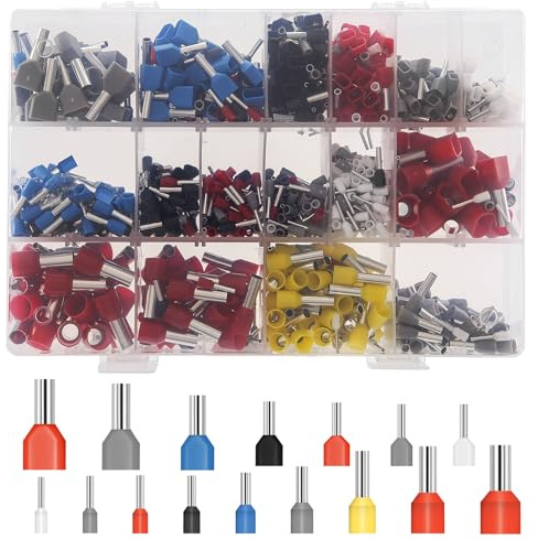 Ksrnsne 1200 Pezzi Puntalini Elettrici a Crimpare Kit Terminale per Teminatore A Ghiera Doppia Bootlace Crimp Elettrico Connettore Terminale Filo Terminale Doppia Entrata