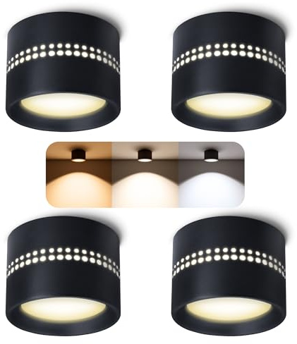 SSC-LUXon ALAPI Deckenleuchte Spot schwarz 4 Stückmit indirektem Licht - Aufputz Lampe flach inkl. dimmbare GX53 Lampe drei einstellbaren Lichtfarben 3CCT