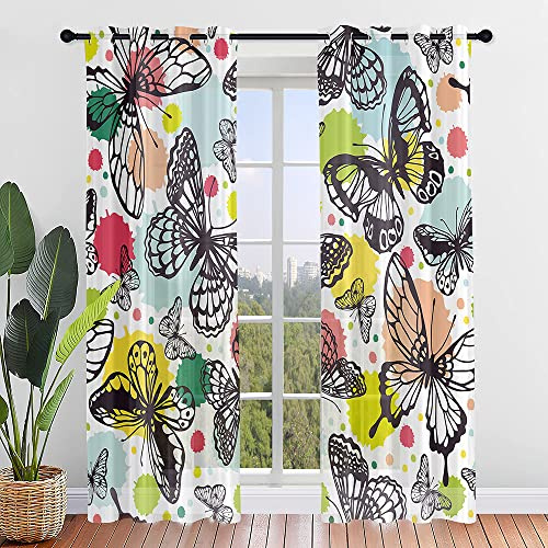 ENEN Vorhänge Wohnzimmer, Gardinen mit Ösen, Halbtransparent Gardinen Wohnzimmer, Schlaufenschal 2er Set für Kleine Fenster Küche Wohnzimmer Landhaus (107x160cm,Farbe Schmetterling)