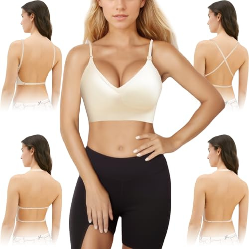 Vokmon Backless Bra,Women Low Back Bra,Low Back Bra For Women,Low Cut Bra,Ladies Nude Removeable Padding Bra,Lightly-Lined Deep-V Plunge Bra,Multiway Bra Strapless Bra Racer Back Bra Backless Bra