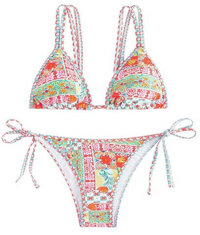 SNOMYRS Dam triangel bikini 2-delad blommigt mönstrad hög midja bikiniset färgglada topp tong baddräkter bikinis baddräkt, färgglad, S-M