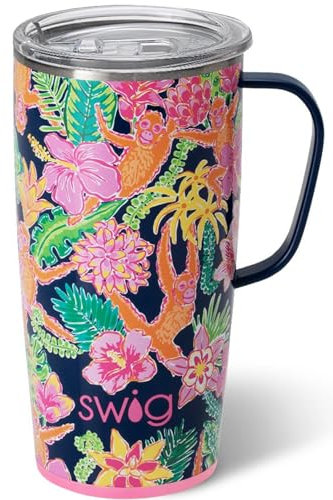 Swig Life Taza de viaje de 22 onzas, vaso aislado con asa y tapa, apto para portavasos, apto para lavavajillas, acero inoxidable, taza de café de viaje, taza de café aislada con tapa y asa (gimnasio