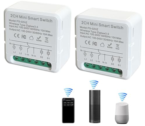 Bkiyougo 10A ZigBee Mini interrupteur intelligent, prises connectées et intelligentes à 2 voies, compatible avec Alexa, SmartThings Hub et Google Home, fil neutre requis (paquet de 2)