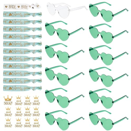 HUSZZM 36PCS Jungesellinnenabschied Frau Accessoires 12PCS JGA Brille Team Herz Sonnenbrille Partybrillen 12PCS Team Braut Armbänder 12PCS Bride Tattoo Aufkleber JGA Deko Accessoires(Grün)