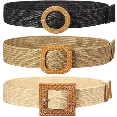 QKEPCY 3 Pezzi Cintura Elastica Intrecciata Cintura Larga in Tessuto in Paglia Bohemien Cintura Treccia Donna A Vita Alta con Fibbia in Legno per Vestito Pantaloni Jeans Soprabito