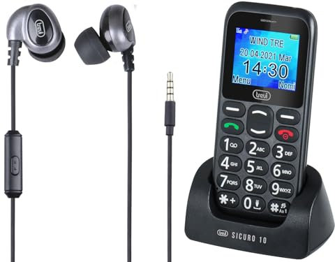 Trevi SICURO 10 Telefono per Anziani Tasti Grandi + Auricolari Con Filo HMP 696 M Nero, Display LCD 1.77”, Cellulare per Anziani con Funzione SOS, Ripetizione Vocale, Base di Ricarica, Sveglia