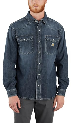 Carhartt Montana – Camisa de Ajuste Relajado para Hombre, Denim de Peso Medio, Manga Larga, Cierre Frontal, L