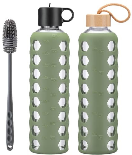 BLUEGO Glass Water Bottle, 900ml Borosilicate Drinking Bottle with 2 Lids-Handle Flip Straw Lid&Bamboo Lid, Motivational Water Bottle with Time Marker and Silicone Sleeve, Leakproof, Olive