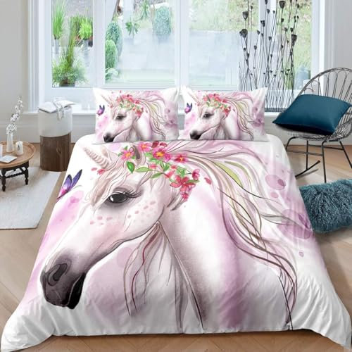 3D Bettwäsche-Set, 135X200 cm Tierisches Einhorn Microfaser Bedrucktes Elegant Weiche Bettbezug 2 Kopfkissenbezug 80 cm X 80 cm Bettbezug Mit Reißverschluss Schließung - Komfortab-3660051232803090000