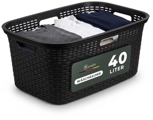 Novaliv Rattan Wäschekorb mit 4 Griffen 40L Schwarz, Wäschebox Set Wäscheeimer Wäschebehälter für Bad Wäsche Schmutzwäsche, Wäschekörbe Organizer Haushalt Zubehör Wäschetonne Sammler