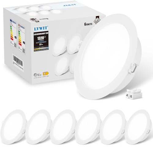 LVWIT ×6 LED Empotrable en Techo, Lámpara de Techo Circular Ultraplana de 12W, Foco Blanco Frío de 6500K, Ideal Para Baños, Cocinas y Pasillos, 1320 Lúmenes, Ø148mm, No Regulable.
