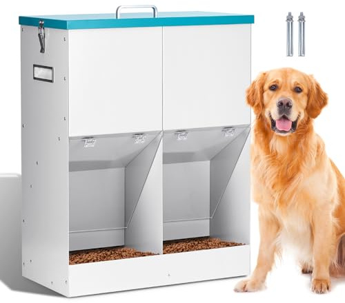 Mangiatoia Automatica a Gravità per 2 Cani, Distributore di Cibo per Cani di Razza Grande in Metallo Zincato con Capacità di 46 Libbre, Mangiatoia Doppia per Animali da Esterno e da Interno