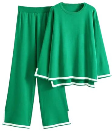 Damen Langarm-Top, Strickset, Pullover, Pullover, Anzüge, geteilt, lang, weites Bein, En8, L