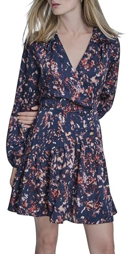 BCBG Women's Balloon Sleeve V-Neck, City Indigo Multi,12