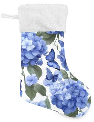 OTVEE Blue Hydrangea Flowers with Butterfy Christmas Stockings 1 Piece, 17.7 inches Velvet Hanging Decorations Stockings for Family Holiday Fireplace Xmas Tree Party