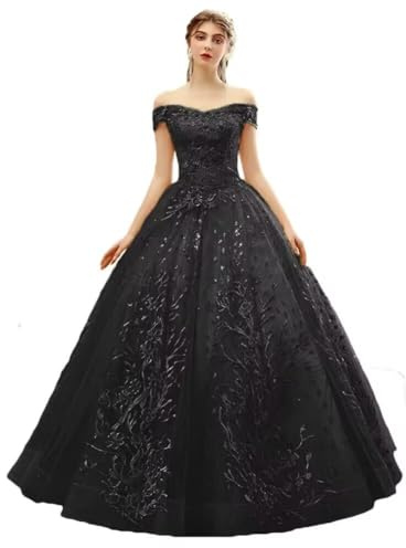 HAIBFJIN Damen Langes Quinceanera Kleid Schulterfreies Tüll Ballkleider Abendkleid mit Spitzenapplikationen