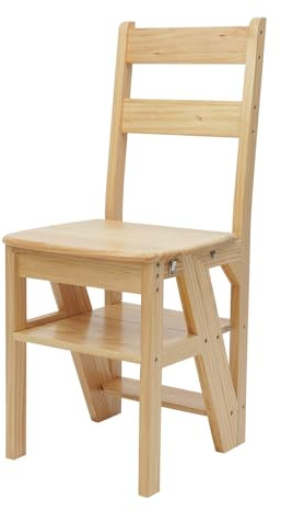 Klappbarer Bibliotheksstuhl, Leiterstuhl aus Kiefernholz (Holzfarbe-B) | 4-stufiger Tritthocker, 100kg Tragfähigkeit, Faltbarer Leiterstuhl Trittstuhl, Faltstuhl für Indoor und Outdoor