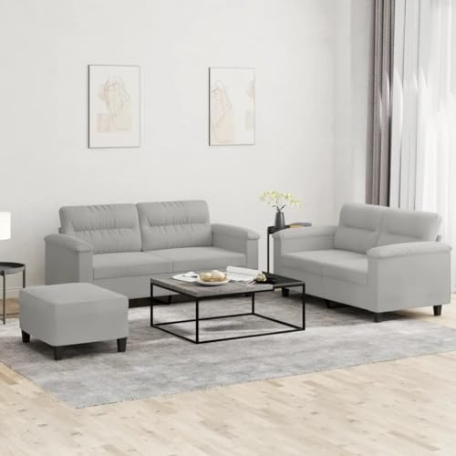 CKioict 3-TLG. Sofagarnitur mit Kissen Hellgrau Mikrofasergewebe Langlebiges Polstermöbel Set Robuster Metallrahmen Bequeme Sitzgarnitur Wohnzimmer Couchgarnitur mit Fußhocker