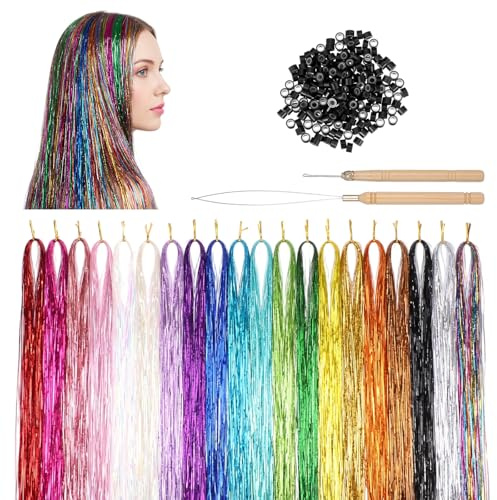 Cobee 4000 Stränge 20 Farben Hair Tinsel, Haar Lametta mit Werkzeug 120 cm Glitzer Haarsträhnen zum Flechten Haarlametta Tinsel Hair Extensions für Frauen Mädchen Cosplay Party