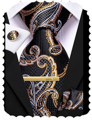 Hi-Tie Seidenkrawatten für Herren und Clip-Pin Einstecktuch Manschettenknöpfe Set Rot Blau Grün Schwarz Formelle Krawatte