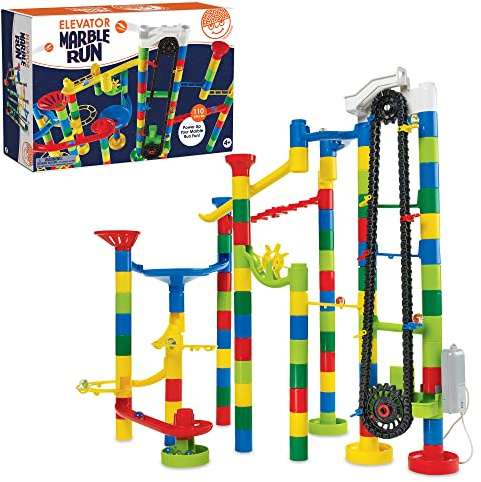 MindWare Marble Run 110 Piece Building Set with 82 Track Pieces, 15 Marbles and Motorized Elevator