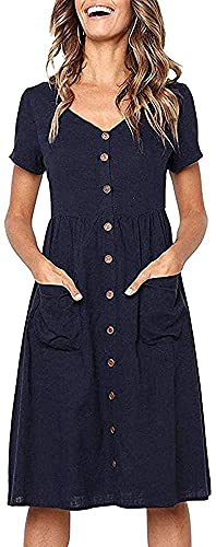 Summer Dresses for Women Casual Midi Dress Short Sleeve V Neck Button Decoration Swing A Line Tunic Dress with Pockets Size XL = UK 14-16