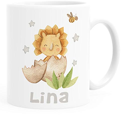 SpecialMe® Kindertasse Kunststoff Dino Baby Namenstasse für Kinder Dinoaurier Tier Motiv Jungen Mädchen Stegosaurus weiß Kunstoff-Tasse