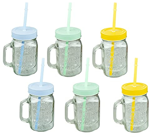 HRB 6er Set Trinkglas mit Strohhalm und Deckel Trinkgläser im Design Vintage, jedes Glas hat EIN Volumen von 400 ml, Gläser Set für Cocktail Lemonade (Vintage)