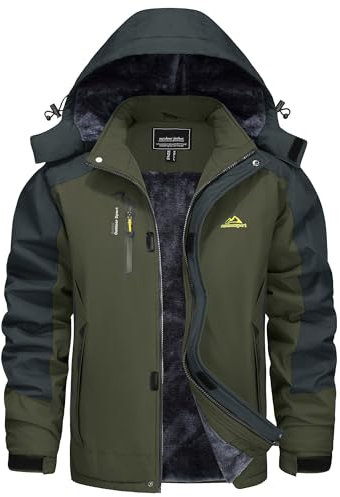 KEFITEVD Winterjacke Herren Skijacke Atmungsaktiv Wanderjacke Fleece mit Kapuze Outdoorjacke Verdickt Snowboardjacke Armeegrün XXL