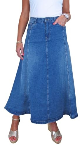 Paulo Due Women's Flared Stretch Denim Maxi Skirt Fade Mid Blue 12-22 (14)