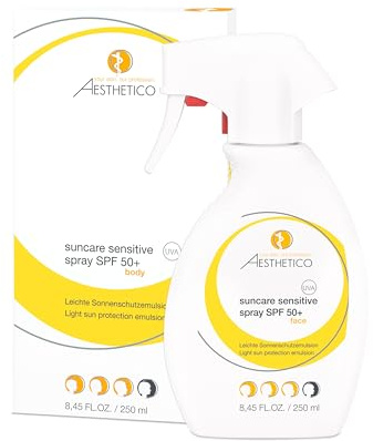 AESTHETICO suncare sensitive spray SPF 50+, 250 ml – Sonnenschutzspray mit sehr hohem UV-A/UV-B/IRA-Schutz, für empfindliche Haut, parfümfrei, schnell einziehend, nicht fettend, für Kinder ab 3 Jahren