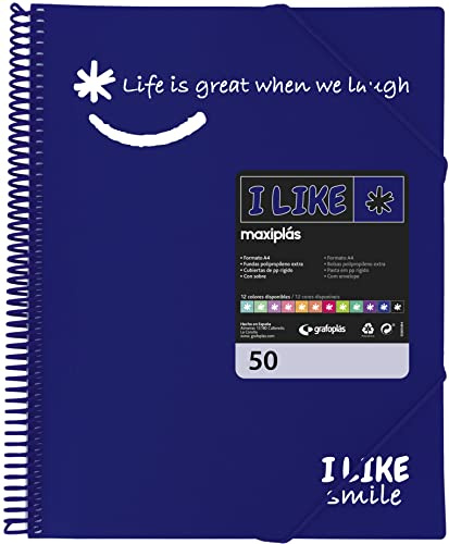 Grafoplás 39225030. Sichtbuch mit transparenten Hüllen, A4, blau, 50 Hüllen, Polypropylen, I Like Smile