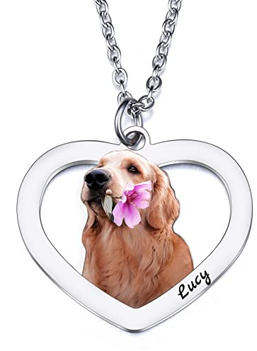 MunkiMix Personalisierte Foto-Edelstahl-Halskette mit Hund-Katze-Bild Eingraviert in Farbe/Schwarz＆Weiß Individuelles Hund-Geburtstagsgeschenk für Haustierliebhaber/Männer/Frauen Rund/Herzförmig