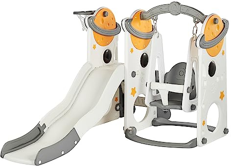 DUKE BABY 4-in-1 Slide and Swing Set: Perfect for 1-6-year-old Toddlers for Indoor/Outdoor Playground with Basketball Hoop, Climber-Space Yellow.