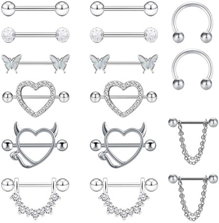 LOCCY 8 Paar 14G Brustwarzenpiercing 316L Edelstahl Nippelpiercing Herz Schmetterling CZ Hufeisen Barbell Nippel Kette Piercing Zungenpiercing Nippelringe Körper Piercing (Silber Set 1)