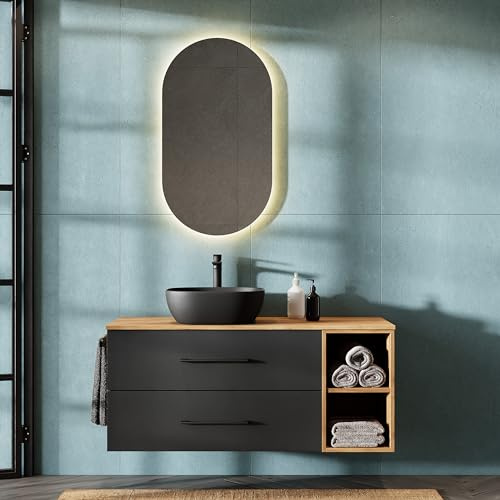 Planetmöbel LUX - Juego de muebles de baño con mueble bajo de 120 cm, suspendido, con lavabo de 42 cm, color negro, mueble de lavabo dorado/antracita