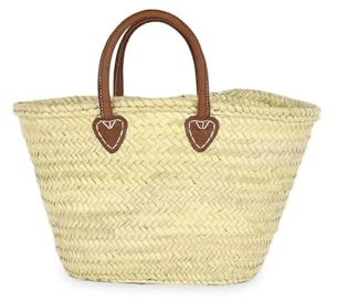 Small French Basket Bag with Leather Handles - Mini Woven Straw Tote for Women, Chic Boho Handbag, Stylish Beach Purse, Compact Eco-Friendly Market Basket (Brown handles)