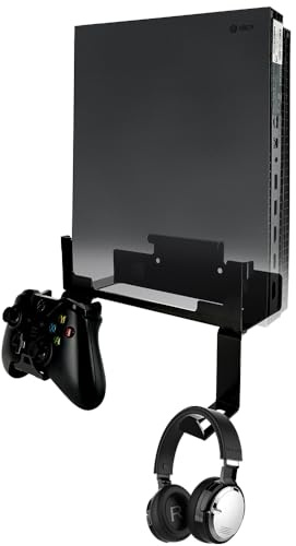 Chanvoo Xbox One X Wall Mount, Steel Wall Mount Stand for Xbox One X with Detachable Controller & Headphone Holder Kit (Black)